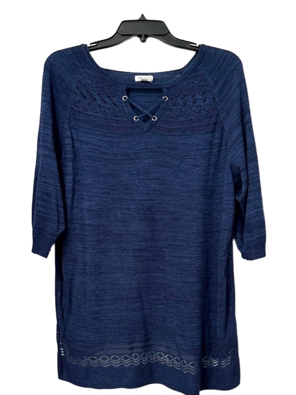 NWOT Westport Sweater Top 3/4 Sleeves Blue With Cut Out Lace Size 2X